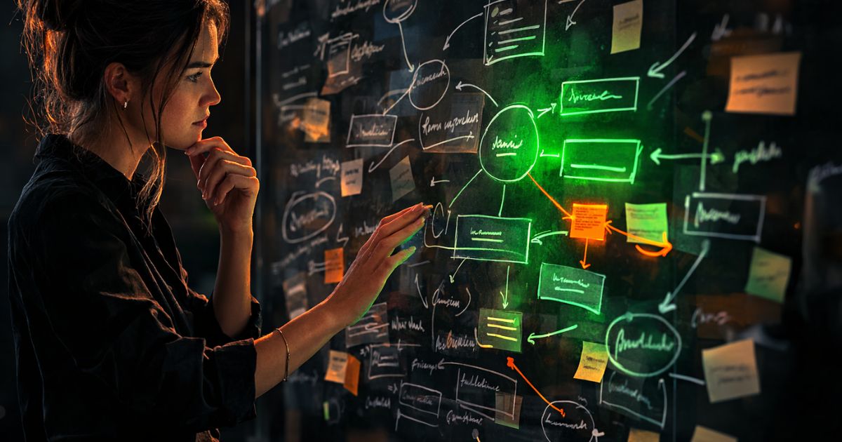 Person analysiert viele Begriffe und Konzepte auf einer Glaswand, um ein Angebot klar zu strukturieren